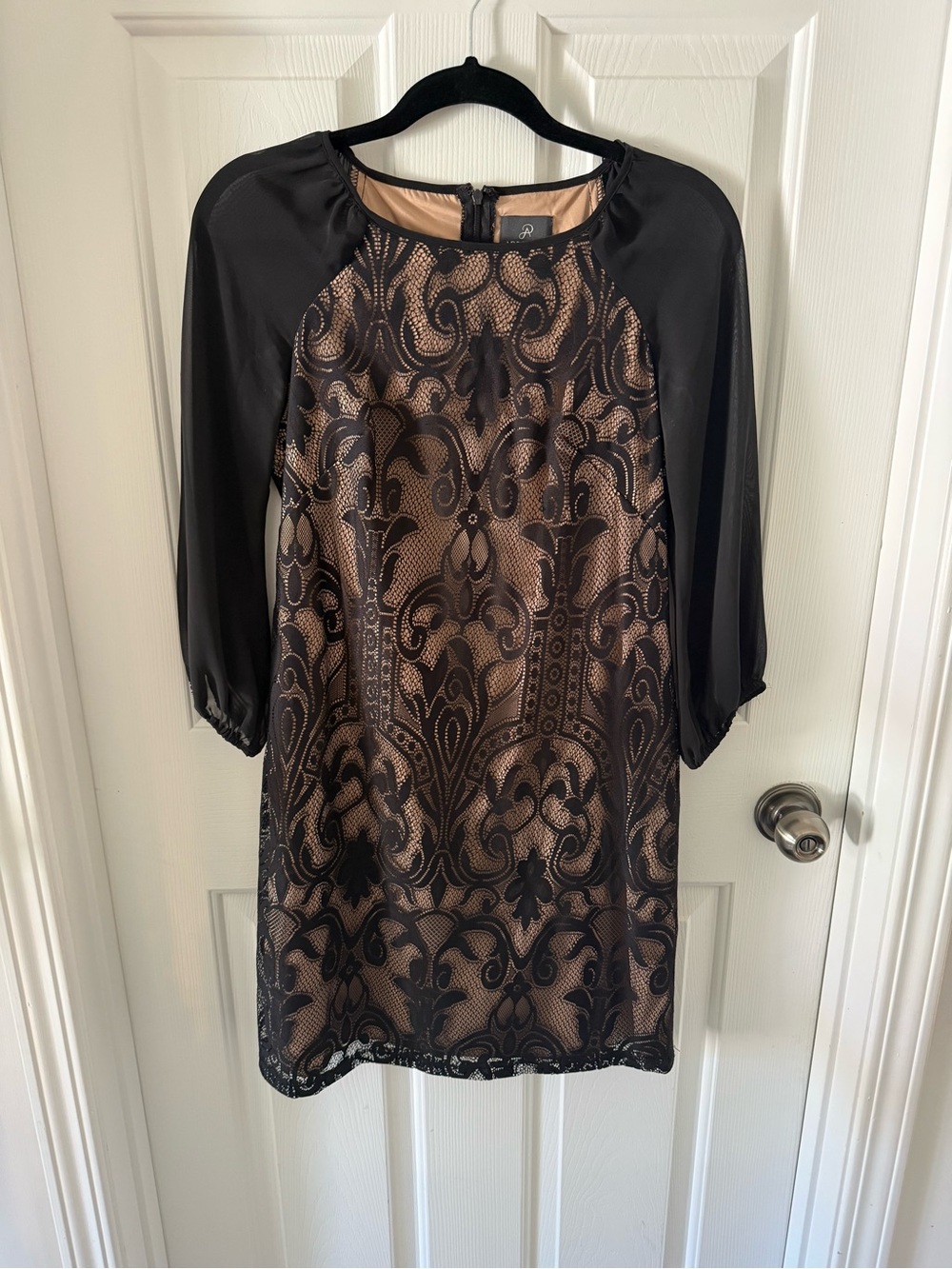 Adriana Papell Black and Camel Lace-Overlay Raglan Sleeve Top